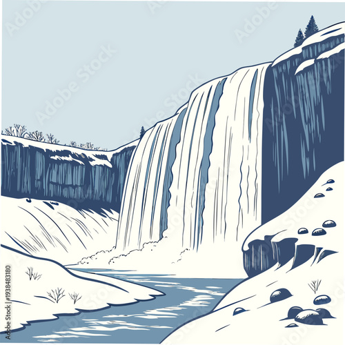 A majestic waterfall cascades down a rocky cliff into a serene pool below. Vector