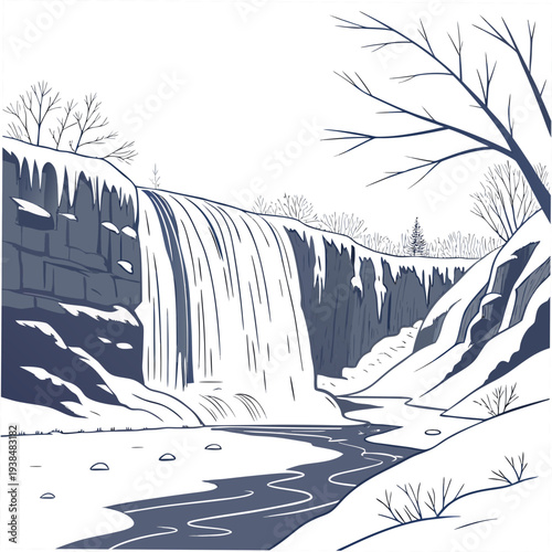 A serene winter landscape with a majestic waterfall cascading down icy cliffs Vector