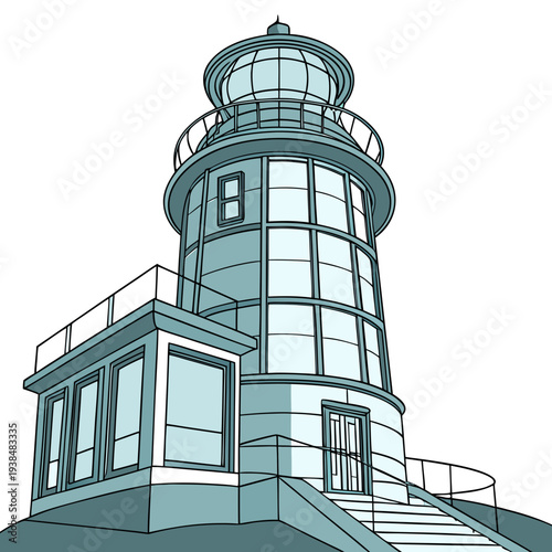 A tall, cylindrical lighthouse standing on a rocky shore with a spiral staircase inside. Vector