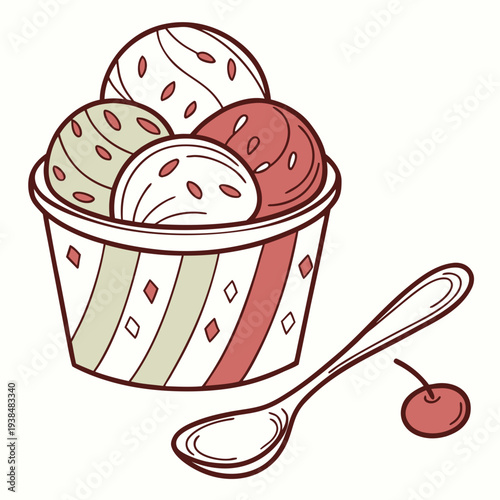 A delightful assortment of ice cream flavors in a striped paper cup with a spoon. Vector