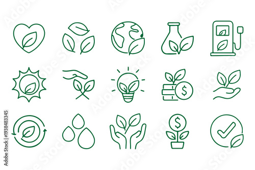 Eco Green Energy and Sustainability Line Icons Set – Renewable Nature Environment Editable Stroke Vector Collection