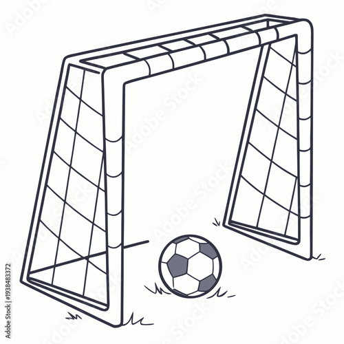 A black and white illustration of a soccer ball positioned in front of a goal. Vector