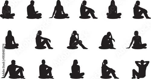 "Collection of fifteen black silhouettes of people sitting in diverse poses on circular mats, minimalistic human posture illustration for design, ergonomics, and artistic reference purposes"