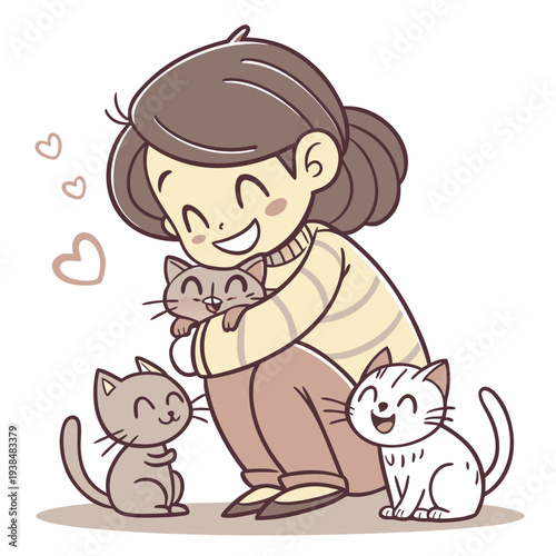 A young girl with a ponytail is cuddling with three small white cats. Vector