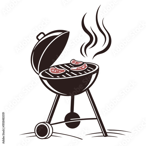 A black and white illustration of a grill with flames and a piece of meat on it Vector