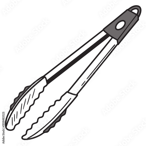 A pair of tongs with a black handle and a silver head, used for cooking and serving food. Vector