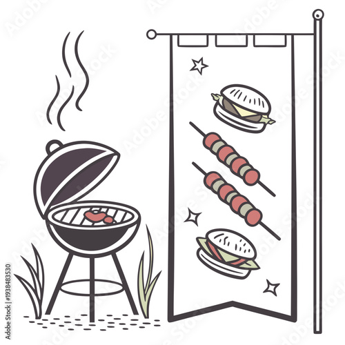 Illustration of a barbecue grill with various grilled foods and a banner. Vector