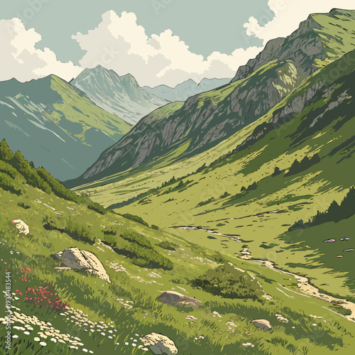 A vibrant landscape painting showcasing a lush valley with rolling hills and a clear sky Vector