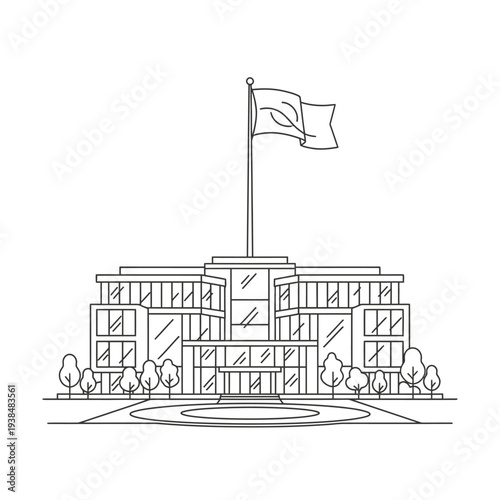 Modern Government Building with Flagpole and Trees.