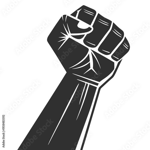 A powerful black and white illustration of a clenched fist symbolizing strength and unity. Vector