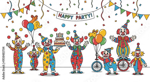 Seven clowns celebrate a birthday party with balloons and a cake in a festive scene