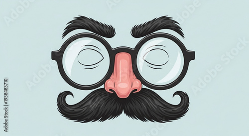 Cartoon face with glasses mustache and eyebrows on light blue background humorous illustration for creative projects