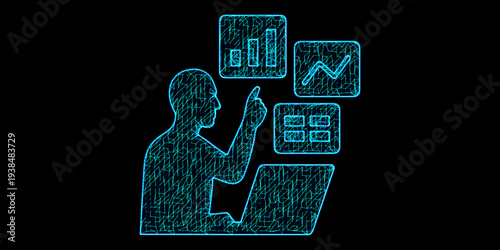 Data Analysis and Business Intelligence Concept with Laptop User Interacting with Digital Charts in Blue Mesh Wireframe Style