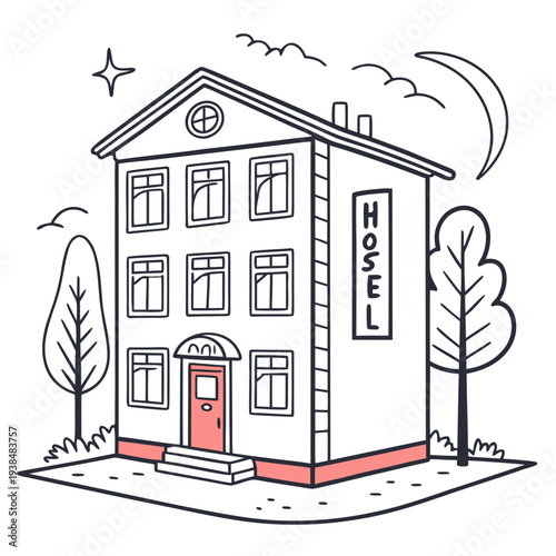 A charming, vintage-style building with a red door and white trim, surrounded by trees. Vector