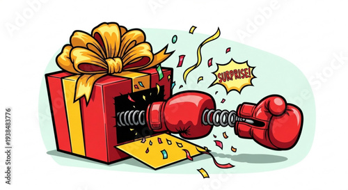 Surprise boxing glove emerges from gift box with confetti and excitement