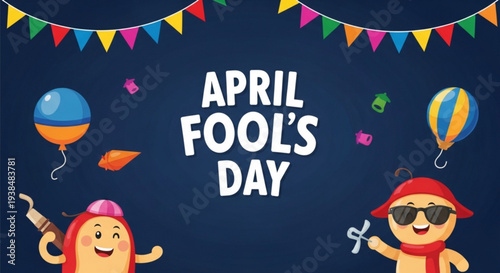 Cartoon hot dogs celebrating april fool's day with colorful balloons and festive bunting decorations