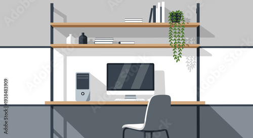 Modern Office Workspace with Computer and Shelves.