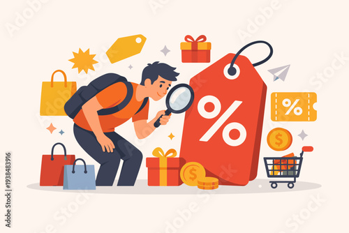 Young man with magnifying glass searching for discounts on a giant price tag with percentage sign, surrounded by shopping bags, gift boxes, and coins. Concept of bargain hunting and retail sales.