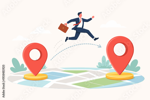 Business relocation concept with businessman jumping between red map pins. Moving office to new address, career transfer, job change, or corporate travel. Flat vector illustration for web.