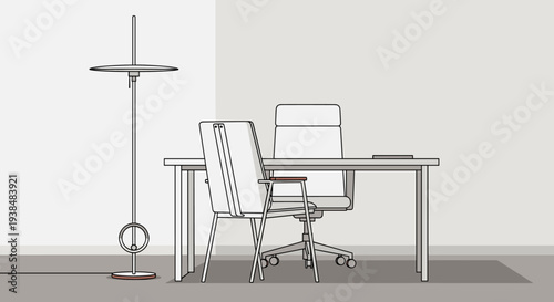 Modern office workspace with desk, chairs, and floor lamp in a minimalist line art style.