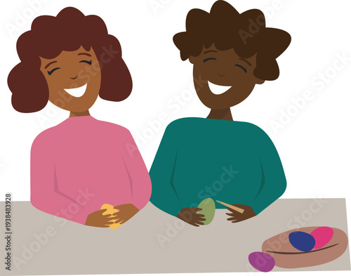 Vector Illustration of Kids Painting and Decorating Easter Eggs