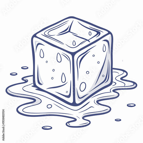 A stylized illustration of a melting ice cube on a reflective surface Vector