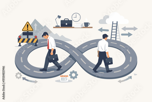 Tired businessmen walking on an infinity loop road representing a dead-end career path, repetitive daily work routine, lack of motivation, burnout, and stagnation in a corporate office job.