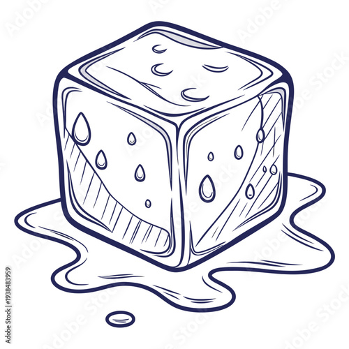 A whimsical illustration of a melting cube with water droplets around it. Vector
