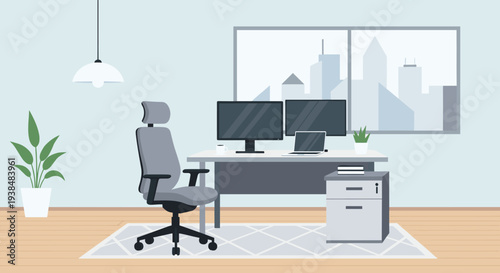 Modern office workspace with ergonomic chair and dual monitors.
