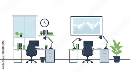 Modern Office Workspace with Desks and Computers.