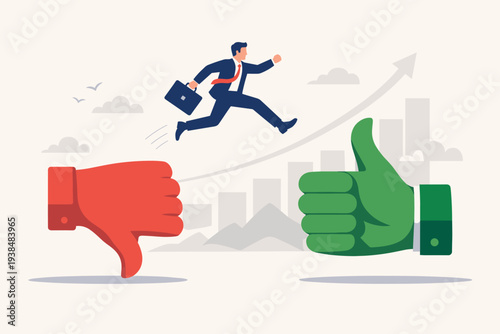 Businessman jumping from a red thumbs down hand to a green thumbs up hand, representing career growth, positive transformation, improvement, courage to change, and determination for success.