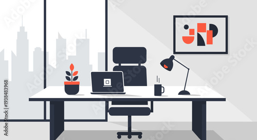 Modern office workspace with laptop and desk lamp.