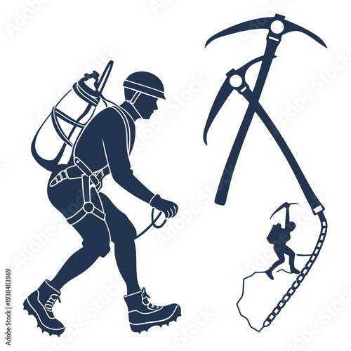 A climber with gear and a map, ready to ascend a mountain peak. Vector