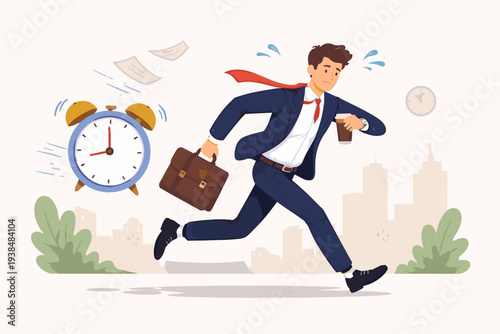 Stressed Businessman in Suit Running Fast to Work with Briefcase and Coffee, Rushing Against Time and Deadlines, Late for Meeting Concept, Time Management and Work Pressure Vector Illustration