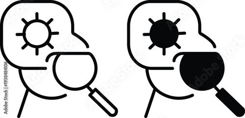 Creative Human Mind Analysis with Sun and Magnifying Glass Symbol Vector Silhouette and Pictogram Icon Set.eps