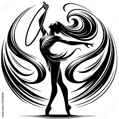 Silhouette of Rhythmic Movement: An elegant silhouette of a female gymnast gracefully performs with a hoop, embodying fluidity and artistic expression. A celebration of precision, poise.
