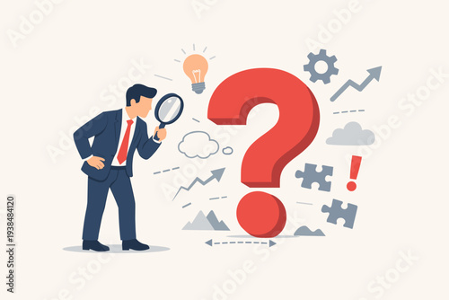 Businessman looking through a magnifying glass at a large red question mark to find a solution or answer. Concept of problem analysis, research, investigation, business strategy, and discovery.