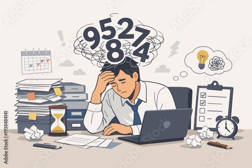 Overworked Businessman Feeling Stressed and Anxious at Office Desk with Too Many Tasks, Deadlines, and Information Overload, Vector Illustration of Burnout, Mental Health, and Work Pressure Chaos.