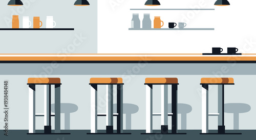 Four empty bar stools lined up at a modern counter in a cafe or restaurant setting.
