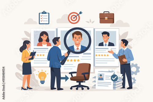 HR Recruitment and Hiring Process Illustration with Human Resources Team Reviewing Candidate Profiles and Resumes to Find the Best Professional Talent for a New Career Position in a Business Office.