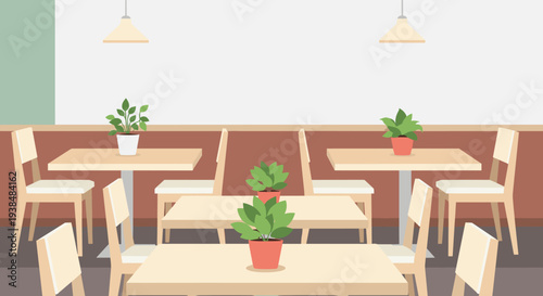Empty cafe interior with wooden tables and chairs, potted plants.
