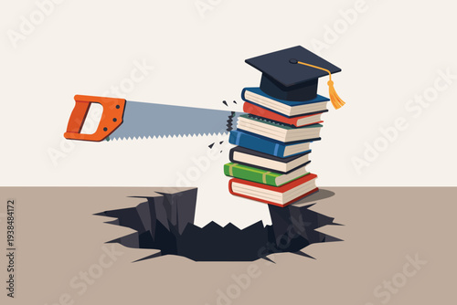 Student Loan Debt and Education Cost Concept with a Stack of Books and Graduation Cap Being Cut by a Saw Over a Deep Pit, Symbolizing Financial Pitfalls, High Tuition Fees, and Academic Risk.