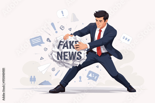 Professional businessman squeezing a crumpled paper ball labeled fake news, concept of stopping misinformation, media manipulation, and false information spreading online and in journalism.