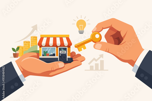 Small Business Key to Success Concept with Entrepreneur Holding a Shop and a Golden Key. Startup Growth with Investment, Profit, and New Ideas for SME Company Development. Vector Illustration.