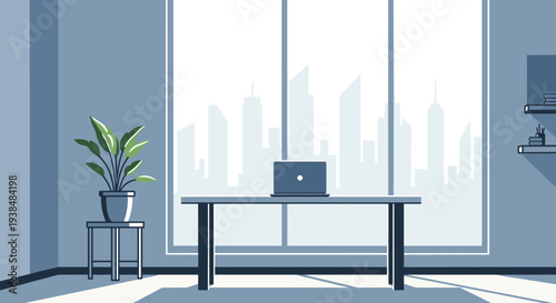 Laptop on a modern desk in a bright office with city view.