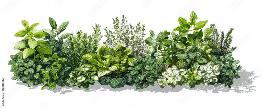 Naklejka premium A collection of various green herbs, against a white background, creating a natural border