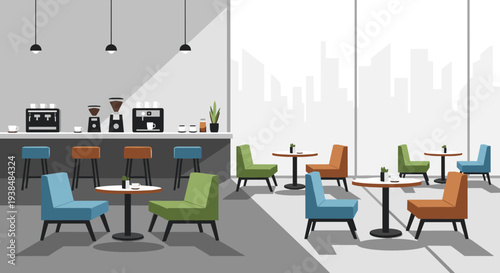 Modern cafe interior with colorful chairs and coffee bar.