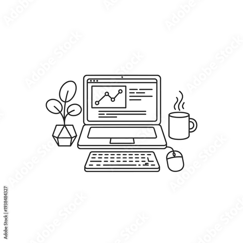 Modern Home Office Setup with Laptop and Plant.