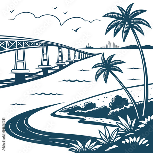 A serene tropical beach scene with palm trees and a winding path leading to the ocean Vector