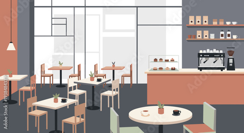 Modern cafe interior with empty tables and chairs, ready for customers.